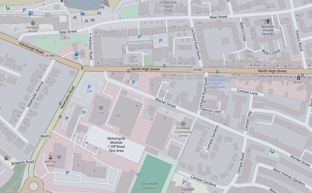 Street map of central Musselburgh showing Finlayson Autos on Market Street, near North High Street